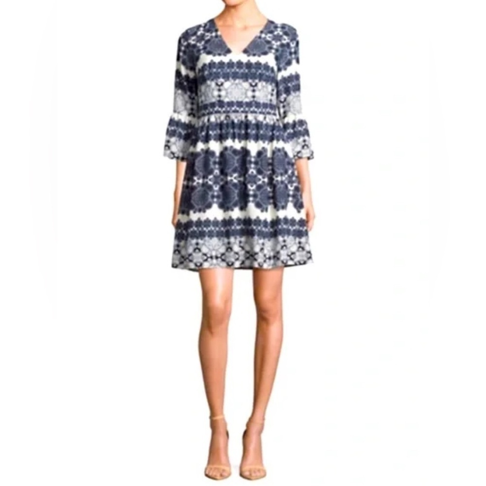 Eliza J Navy and White Patterned Bell Sleeve Fit and Flare Dress Size 4